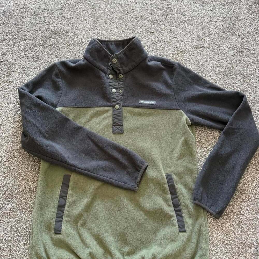 Columbia Fleece Pullover M Olive Green Dark Gray Snap Neck